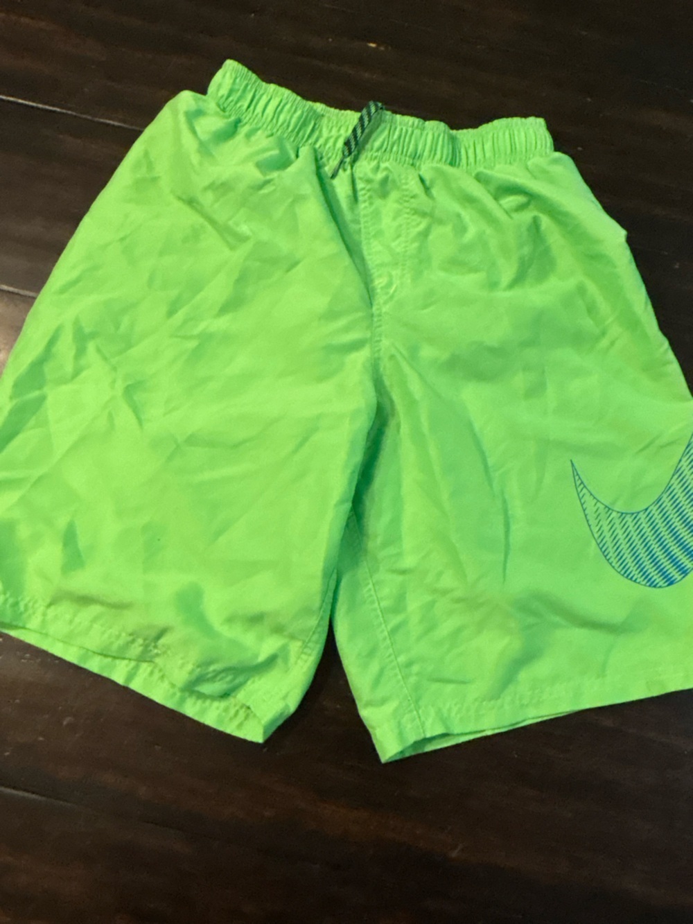Nike Neon Green Kids' Athletic lined swim
Shorts with Blue Swoosh size xl